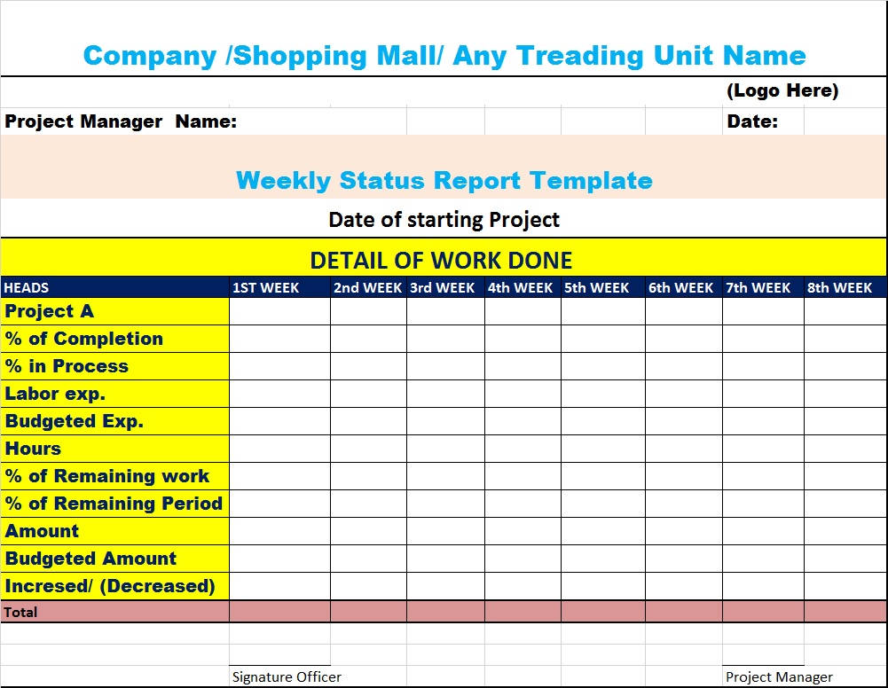 weekly task report template excel