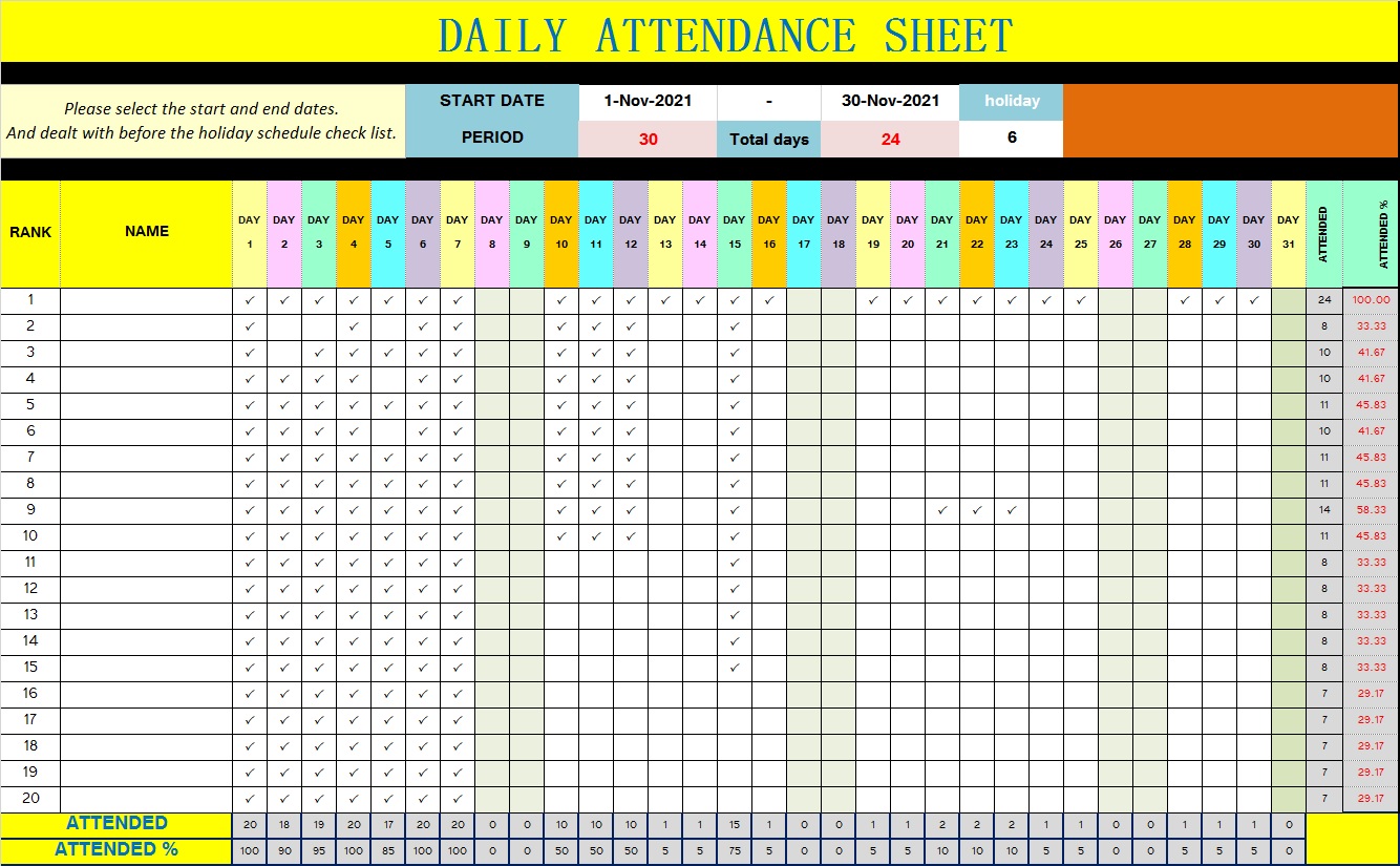 Daily Attendance Sheet 2025 Zoe InnesNoad