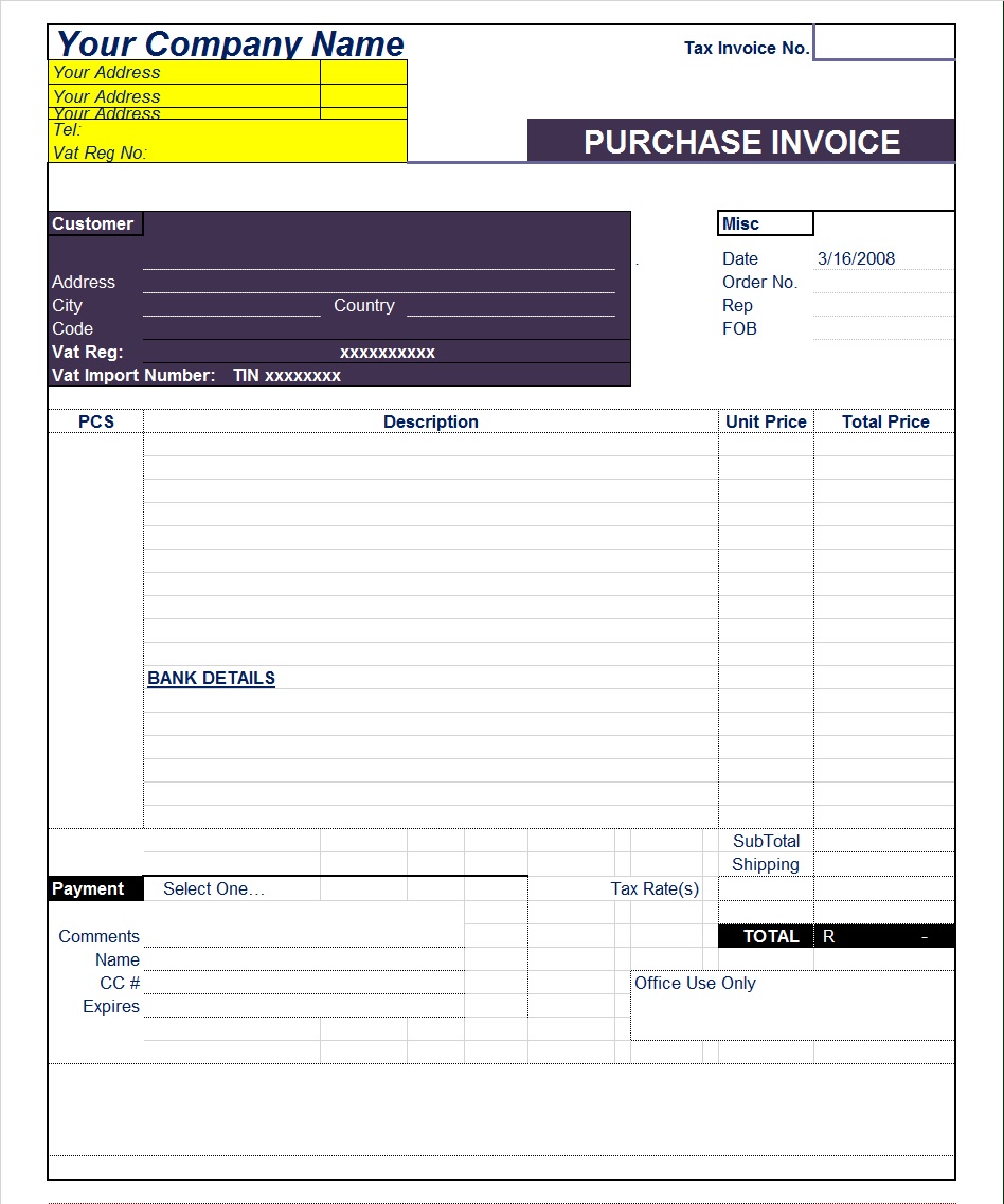 Purchase Invoice Format Templates Free Report Templates