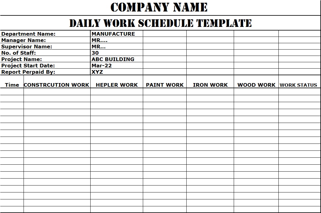 Daily Work Schedule Excel Template
