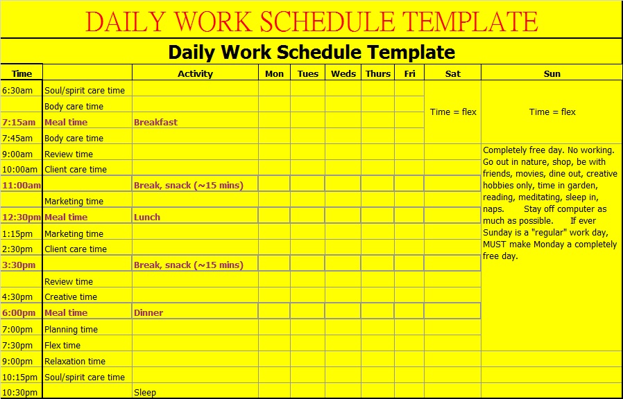 Daily Work Schedule Templates Free Report Templates