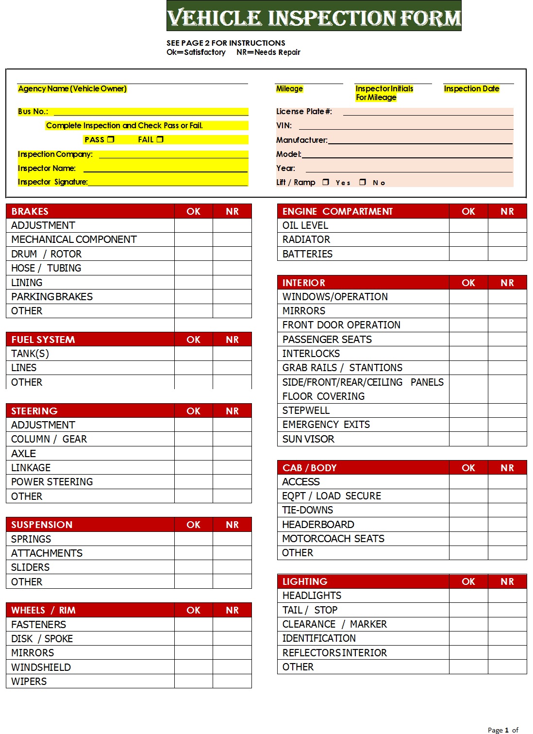 Vehicle Inspection Checklist Template