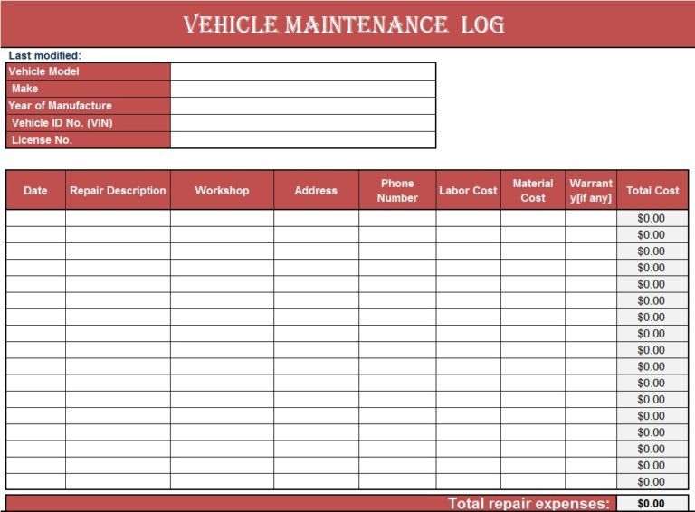 Vehicle Maintenance Log Templates - Free Report Templates