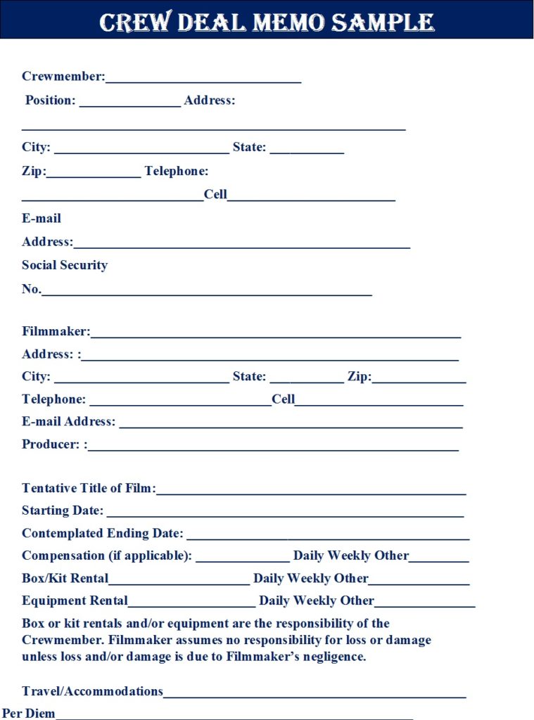 Crew Deal Memo Templates Free Report Templates Crew Deal Memo Templates Free Report Templates