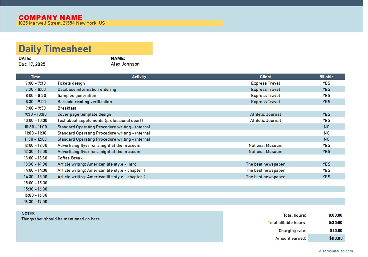 Daily & Weekly Timesheet Template - Free Report Templates